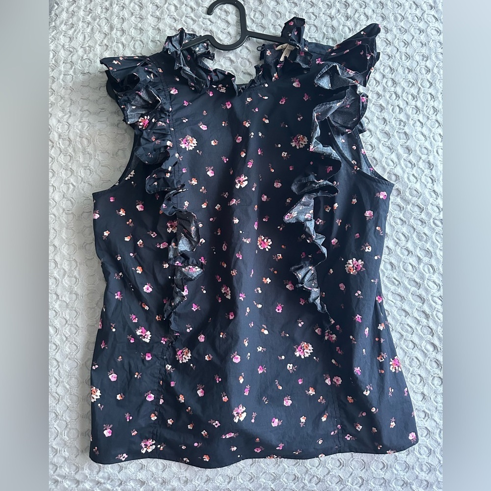 Rebecca Taylor Black Floral Ruffle Blouse